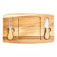 Kit queijo 3 peças: tábua de madeira com canaleta, faca com ponta, e garfo. Tábua com imã para fixação dos utensílios.