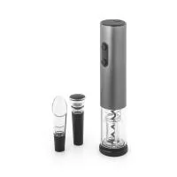 Conjunto de saca-rolhas elétrico em alumínio e acessórios: corta-cápsulas, rolha de vácuo e salva-gotas (pilhas inclusas). Fornecido em caixa presente. Saca-rolhas: 45 x 225 mm | Caixa: 241 x 90 x 54 mm