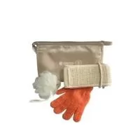 1 Necessaire 1 Bucha 1 Esponja para costas 1 Luva esfoliante de banho