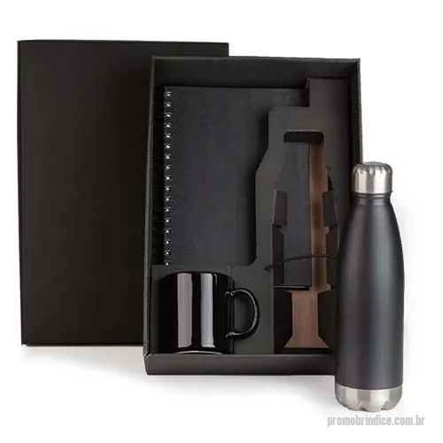 Kit Boas Vindas personalizado - Lindo kit que contém squeeze metal 500 ml, caderno espiral com capa dura 23x18, caneca de cerâmica preta, numa linda caixa de presente. Todos os itens são personalizados em serigrafia.  Medidas 35x24x09 cm