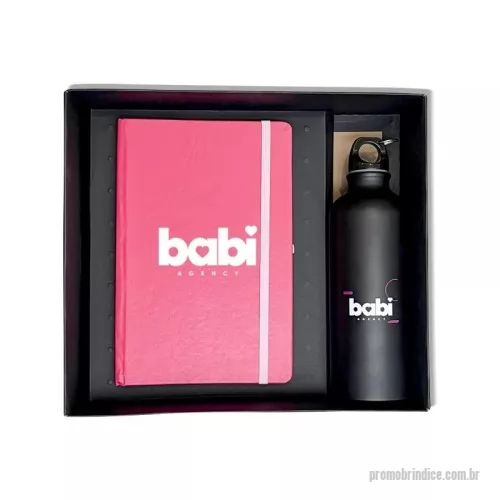 Kit Boas Vindas personalizado - Kit Boas Vindas Personalizado com 1 caderneta 14x21 cm (miolo sem pauta) + 1 squeeze de metal com capacidade de 500 ml + 1 caixa cartonada 300 gr no modelo de tampa e fundo.