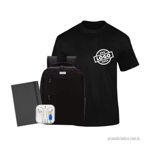 Kit Boas Vindas personalizado - O kit inclui mochila BTMC310 para notebook em poliéster com placa de metal, caderno com 70 folhas e caneta BTX1193, camiseta de algodão (cores e tamanhos disponíveis), e fone de ouvido com microfone BTX12789. Personalização da embalagem disponível para todos os itens. Consulte opções e quantidades mínimas.