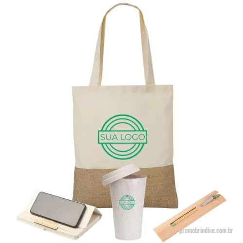 Kit Boas Vindas personalizado - Kit com copo fibra de arroz 550 ml, caneta corpo de bambu com detalhes em plástico e metal, caderno com suporte para smartphone e sacola ecológica de algodão e juta.