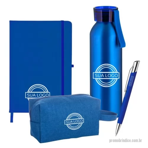 Kit Boas Vindas personalizado - Kit com: Caderneta Emborrachada 21,20 x 14 com porta caneta elástico em nylon, marcador de página em cetim e fita elástica de nylon para fechar; Garrafa em Alumínio reciclável de 600ml com tampa em plástico e alça emborrachada e Caneta Esferográfica em alumínio com acabamento emborrachado, clipe de meta e escrita em azul.