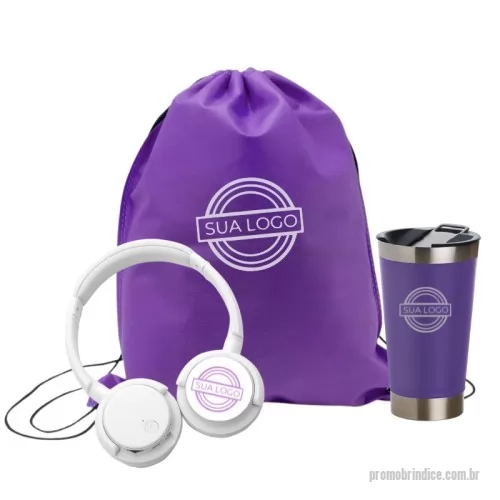 Kit Boas Vindas personalizado - Kit com Mochila Saco TNT, Copo Térmico com Abridor 500 ml e Fone de Ouvido Bluetooth