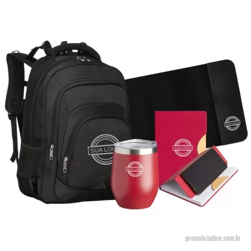 Kit Boas Vindas personalizado - Kit com Mochila em Nylon, Copo Inox, Desk Pad Carregador e Caderneta Suporte de Celular