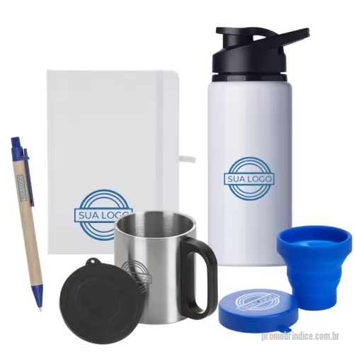 Kit Boas Vindas personalizado - Kit com caderneta emborrachada com porta caneta, copo retrátil silicone 150 ml, caneca inox com tampa 180 ml, caneta de papelão com detalhes plásticos, squeeze alumínio brilhante 600 ml e mochila saco em poliéster
