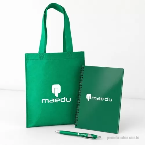Kit Boas Vindas personalizado - SACOLA DE TNT com costura termo selada 35 cm X 26,9 cm / Alça ponta a ponta: 46,5 cm  CADERNO A5 plástico com wire-o metálico. Capa em PP, contém aproximadamente 80 folhas brancas com pauta.  Tam 21,2 cm x 15 cm x 1,5 cm  CANETA plástica com ponteira touch screen, carga esferográfica azul 1.0 mm e acionamento por clique.