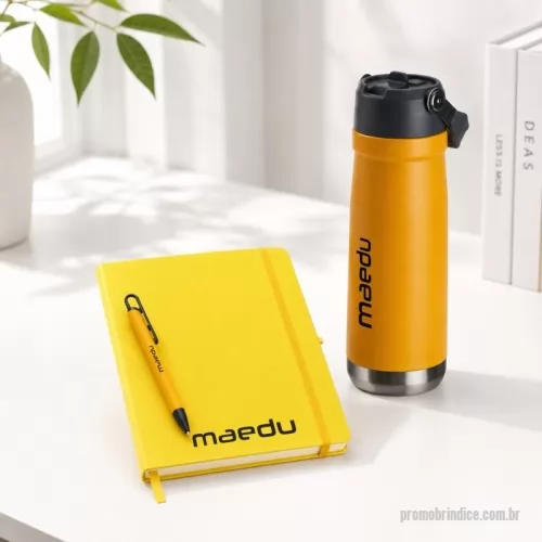 Kit Boas Vindas personalizado - GARRAFA TÉRMICA em inox de parede dupla,  capacidade de 700ml. Tampa com alça de  transporte, bico flip e canudo interno. CADERNETA emborrachada com porta caneta  elástico em nylon, marcador de página em cetim e  fita elástica de nylon para fechar. Contém  aproximadamente 80 folhas pardas sem pauta.  TAMANHO: 21,2 x 14 x 1,5cm CANETAmetálica com acabamento similar à  borracha, clipe e ponteira plásticas, carga  esferográfica azul 1.0mm e acionamento por clique.