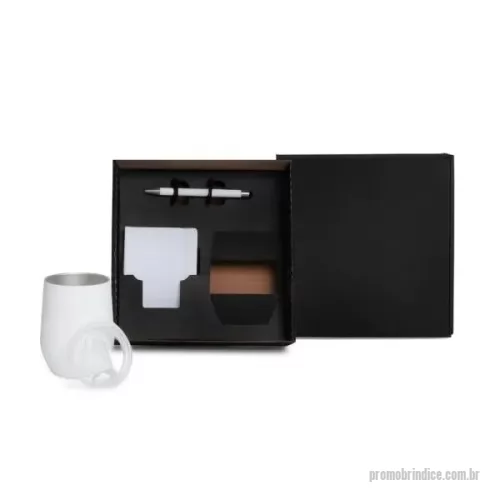 Kit Boas Vindas personalizado - Kit boas vindas Personalizado, Composto por copo térmico branco com tampa 340ml, confeccionado com dupla parede de inox, isolada a vácuo; caderno para anotações branco com capa dura e caneta esferográfica em alumínio branca.