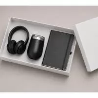 Kit boas vindas com fone de ouvido, copo térmico e moleskine