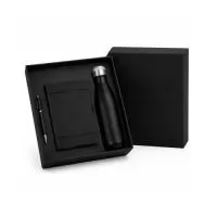 Kit escritório personalizado em caixa de papel, garrafa térmica de 550ml, caneta de metal e caderneta de 80fls. Personalização nos produtos e na tampa da caixa