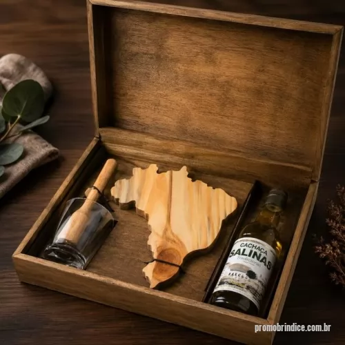 Kit cachaça personalizado - kit cachaça na caixa de madeira com 1 cachaça, 1 tabua em formato do mapa do brasil, 1 copo e 1 socador.