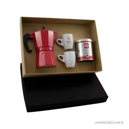 Kit café personalizado - Kit Café em caixa de papel, Cafeteira Italiana 6 doses colorida, Café ILLY Classic 125grs e 2 Xícaras de porcelana. Gravação na cafeteira, xícaras e na tampa da caixa