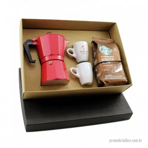 Kit café personalizado - Kit Café personalizado em caixa de papel, Cafeteira Italiana 3 doses, 2 Xícaras e Café Starbucks House Blend. Gravação na cafeteira, xícaras e tampa da caixa.