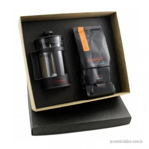 Kit café personalizado - Kit Café personalizado em caixa de papel, Cafeteira Francesa 300ml e Café Santo Grão 250g. Gravação na cafeteira e tampa da caixa.