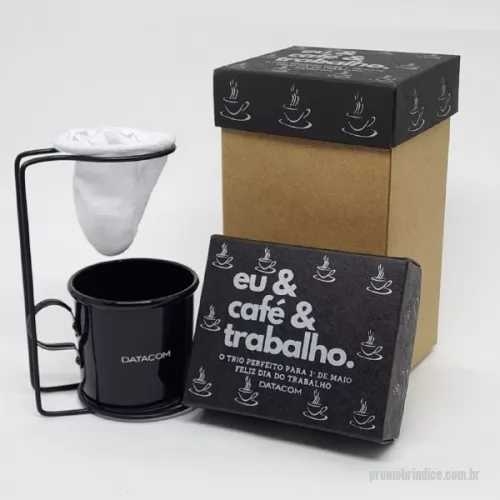 Kit café personalizado - Kit Café personalizado em caixa de papel, caneca e coador individual de inox.