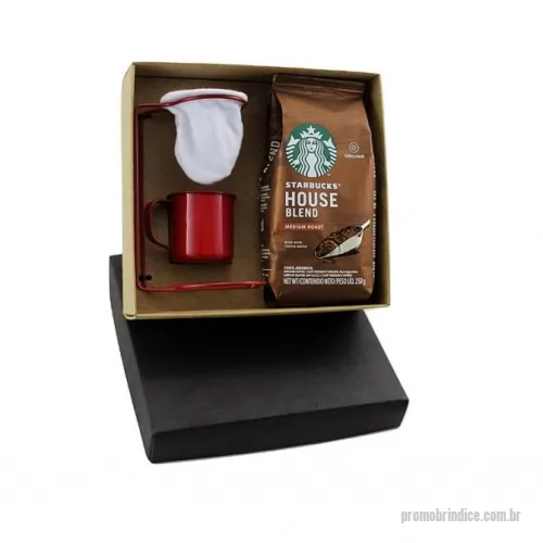 Kit café personalizado - Kit Café personalizado em caixa de papel, Café STARBUCKS, Caneca e coador individual de inox.
