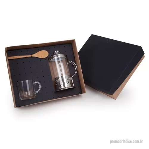 Kit café personalizado - 1 Cafeteira Francesa 600ml vidro e inox 1 Caneca de vidro Aspen 300ml 1 Colher em bambu 1 Caixa e berço corte e vinco em papel cartão kraft e preto 