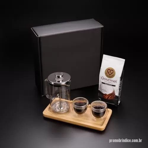 Kit café personalizado - Kit Café Gourmet em caixa de presente contendo: Conjunto de xícaras para café em vidro isotérmico parede dupla (80ml). Prensa francesa em vidro borosilicato e aço inox (740ml). Pacote de café gourmet (250g).