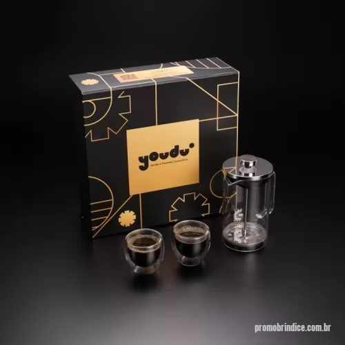 Kit café personalizado - Kit VIP Café Gourmet em caixa de presente contendo: Conjunto de xícaras para café em vidro isotérmico parede dupla (80ml). Prensa francesa em vidro borosilicato e aço inox (740ml)