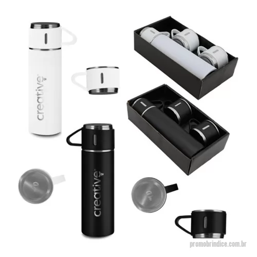 Kit café personalizado - Conjunto prático e sofisticado, o Kit Garrafa Térmica 420ml é ideal para quem busca conveniência e estilo no dia a dia ou em viagens. A garrafa é fabricada em aço inoxidável, garantindo maior durabilidade e excelente conservação da temperatura das bebidas. O kit acompanha duas tampas extras que também funcionam como xícaras, tornando o momento de servir ainda mais prático. Sua base antiderrapante oferece estabilidade durante o uso. As tampas são produzidas em inox com revestimento plástico, unindo resistência e conforto térmico. O kit é apresentado em uma sacola de papel com berço de papelão interno, garantindo acomodação segura das peças e uma apresentação elegante — ideal para presentes corporativos ou brindes especiais.