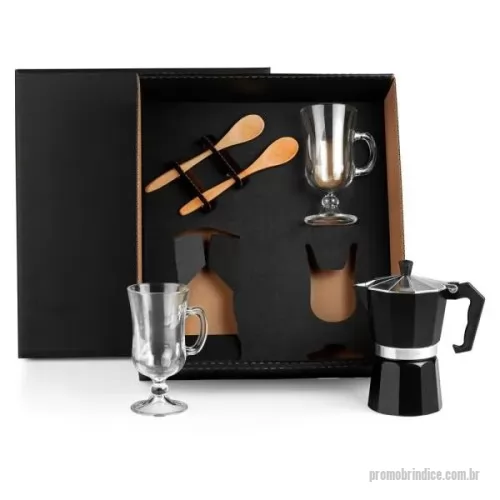 Kit café personalizado - Kit para café. Conta com cafeteira em alumínio, duas colheres em bambu e duas canecas em vidro 240ml cada.