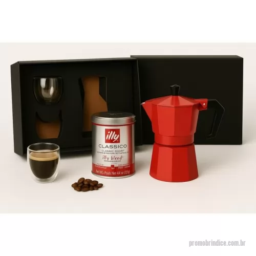 Kit café personalizado - Kit em caixa de papel, cafeteira Italiana de 3 doses, 2 copos de vidro duplo de 80ml cada, café premium Illy de 100grs com gravação nos copos, cafeteira e na tampa da caixa.