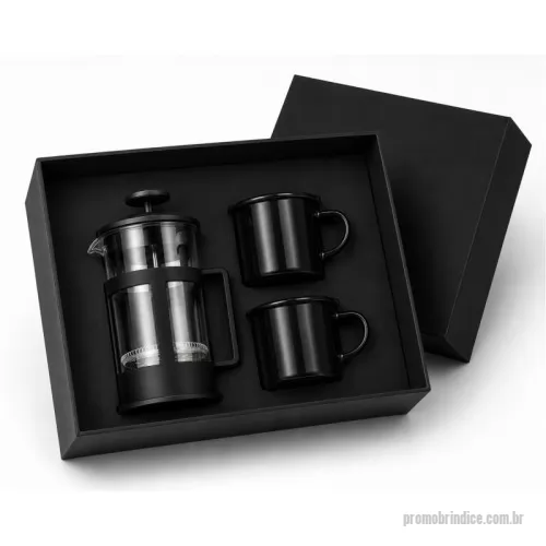 Kit café personalizado - Kit em caixa de papel, prensa francesa com 2 canecas de alumínio. Gravação na prensa, caneca e tampa da caixa