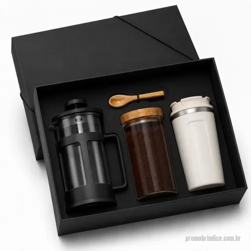 Kit café personalizado - Kit café com 1 prensa francesa, pote para café e copo térmico
