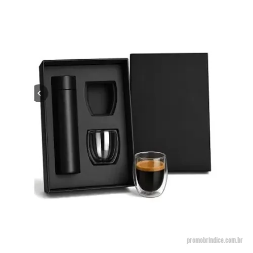 Kit café personalizado - Conjunto para café Personalizado contendo copo de parede dupla e garrafa térmica, acompanha caixa personalizada para acomodação dos itens.