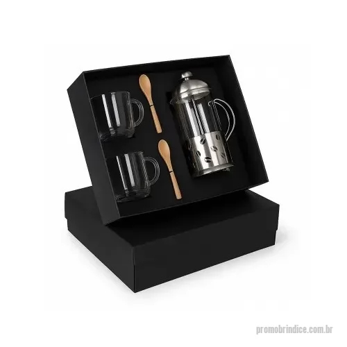 Kit café personalizado - Kit Café Premium Personalizado contendo: cafeteira Francesa de 350ml, 2 canecas de vidro de 250ml cada, 2 colheres de bambu com personalização nas peças e na tampa da caixa