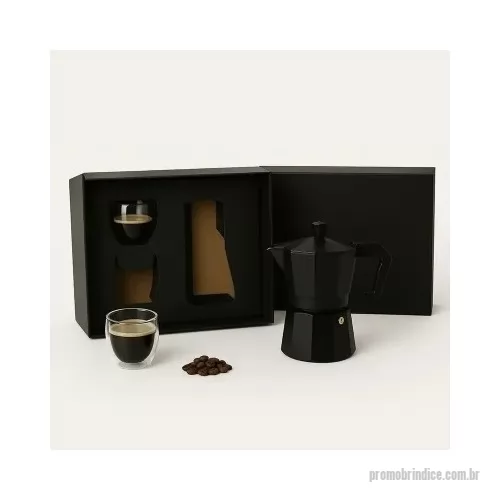 Kit café personalizado - Kit Café Personalizado em caixa de papel, acompanha cafeteira Italiana de 3 doses, 2 copos de vidro duplo de 80ml cada com gravação nos copos, cafeteira e na tampa da caixa.