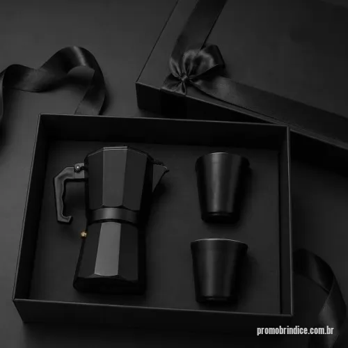 Kit café personalizado - DESCRIÇÃO: 1 CAIXA CARTONADA 35X25X9 + FITA DE ECTIM 1 CAFETEIRA ITALIANA 300 ML 2 COPOS INOX PAREDE DUPLA 150ML