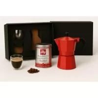 Kit em caixa de papel, cafeteira Italiana de 3 doses, 2 copos de vidro duplo de 80ml cada, café premium Illy de 100grs com gravação nos copos, cafeteira e na tampa da caixa.
