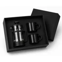 Kit em caixa de papel, prensa francesa com 2 canecas de alumínio. Gravação na prensa, caneca e tampa da caixa