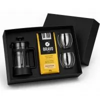 kit café em caixa de papel com 1 prensa francesa, 1 café gourmet e 2 copos de vidro parede dulpa