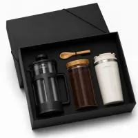 Kit café com 1 prensa francesa, pote para café e copo térmico