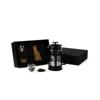 Kit Café Personalizado contendo: cafeteira Francesa de 350ml, 2 copos de vidro duplo de 80ml cada com personalização nos copos, cafeteira e na tampa da caixa.