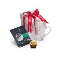 Kit café Personalizado contendo: 1 Caneca Tarsila reta de vidro 300ml 1 Drip Coffee 10g 1 Ferrero Rocher 1 Caixa corte e vinco em papel cartão kraft ou branco com laço 390gr Peso 0,330g / 9.5x10x11.5cm