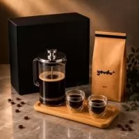 Kit café Pressa Nero com prensa francesa em vidro borossilicato e inox de 740ml, conjunto de xícaras em vidro isotérmico de parede dupla de 80ml, café moído especial personalizado de 250g e caixa para presente assinada Youdu.