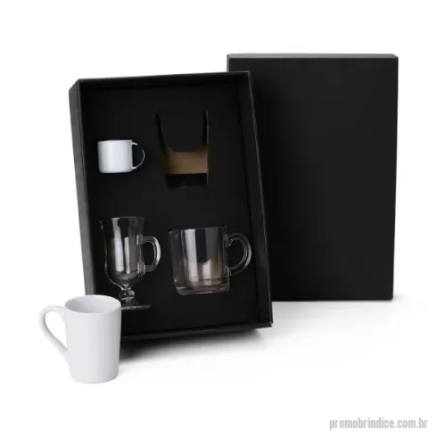 Kit caneca personalizado - Conta com caneca em vidro com capacidade de 300ml, caneca de vidro p/ café com capacidade de 130ml, caneca em cerâmica branca com capacidade de 230 ml e caneca em alumínio branca.