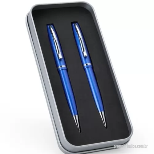 Kit caneta e lapiseira personalizado - Conjunto de caneta e lapiseira metálicas em estojo metal. Caneta e lapiseira possuem acabamento brilhante, carga esferográfica azul de 1.0mm e acionamento por rotação.