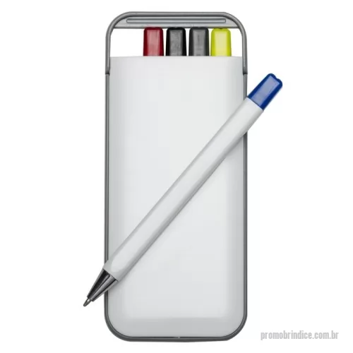 Kit caneta personalizado - Kit 5 em 1 branco em estojo plástico, contém canetas com as cargas: azul, preto e vermelho