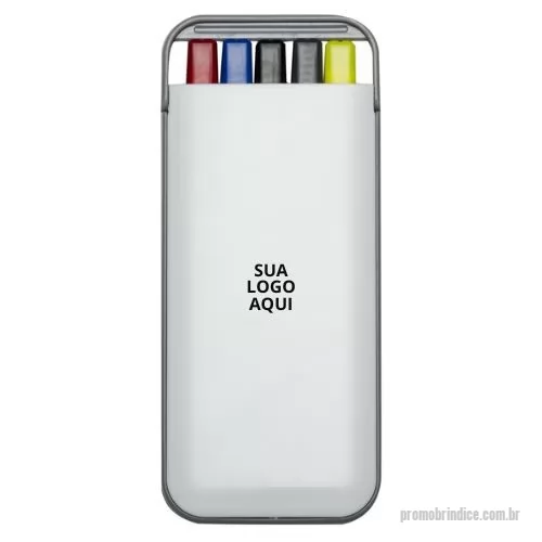 Kit caneta personalizado -  Kit 5 em 1 branco em estojo plástico, contém canetas com as cargas: azul, preto e vermelho; marca texto amarelo e lapiseira.