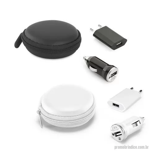 Kit carregador de celular personalizado - Kit de adaptadores USB. ABS. Incluso adaptador de corrente DC 110V/220V e adaptador para carro DV 12-24V. Fornecido com bolsa EVA. Bolsa: ø75 x 36 mm