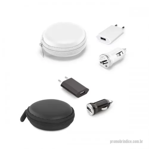 Kit carregador de celular personalizado - Kit de adaptadores USB. ABS. Incluso adaptador de corrente DC 110V/220V e adaptador para carro DV 12-24V. Fornecido com bolsa EVA.