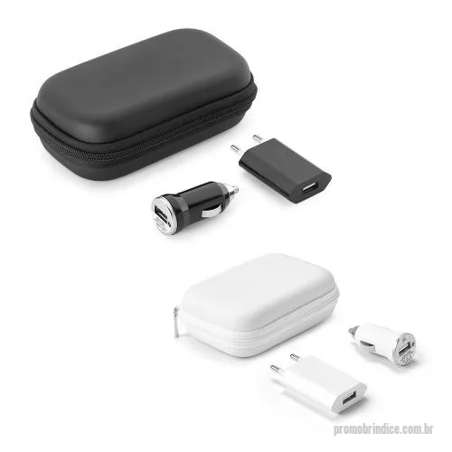 Kit carregador de celular personalizado - Kit de adaptadores USB. ABS. Incluso adaptador de corrente DC 110V/220V e adaptador para carro DV 12-24V. Fornecido com bolsa EVA.
