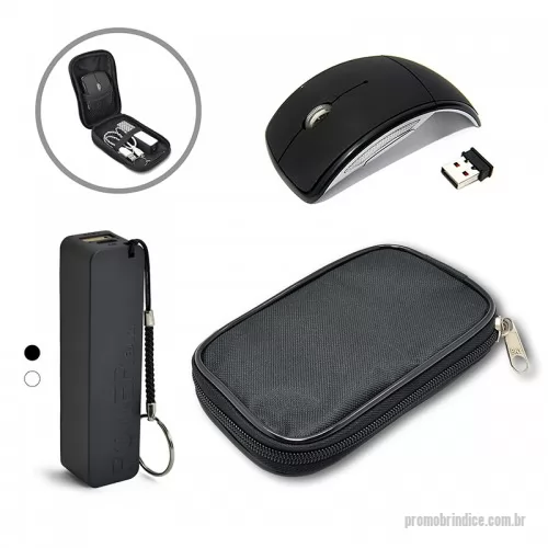 Kit carregador de celular personalizado - Kit portátil com estojo em nylon preto com divisórias. Contém: um carregador portátil USB (Power Bank) e um mouse wireless sem fio.