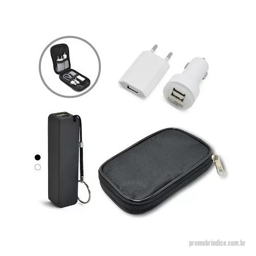 Kit carregador de celular personalizado - Kit portátil com estojo em nylon preto com divisórias. Contém: um carregador portátil USB (Power Bank) e dois carregadores portáteis USB para iPhone 5 e iPad mini (carro e tomada).